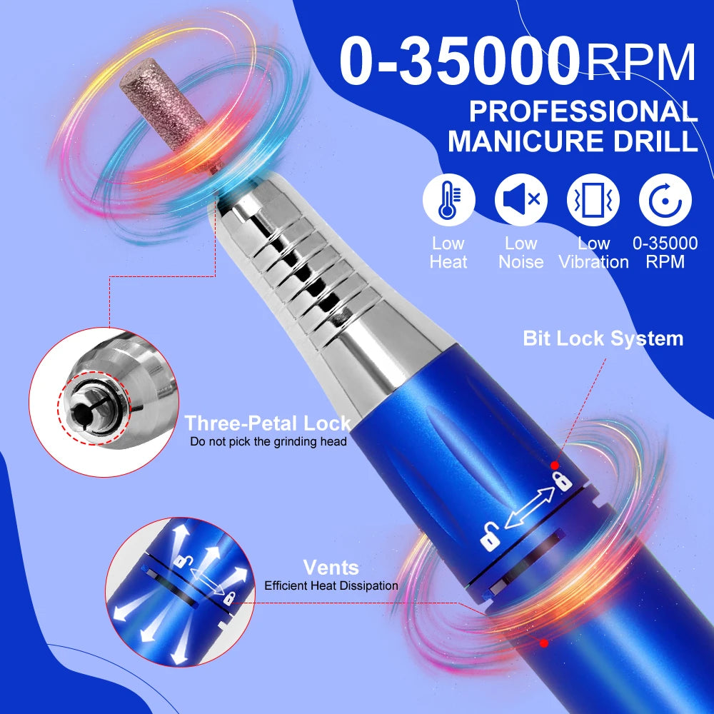 Professional 35000RPM Portable Electric Nail Drill Machine Display Nails Sander For Acrylic Gel Polish Rechargeable Nail Tool