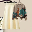 Winter Cartoon Print Knit Sweater & Skirt Set Chic Party