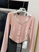 Pink Cropped T-shirt Retro Patchwork Design Korean Chic Fashion