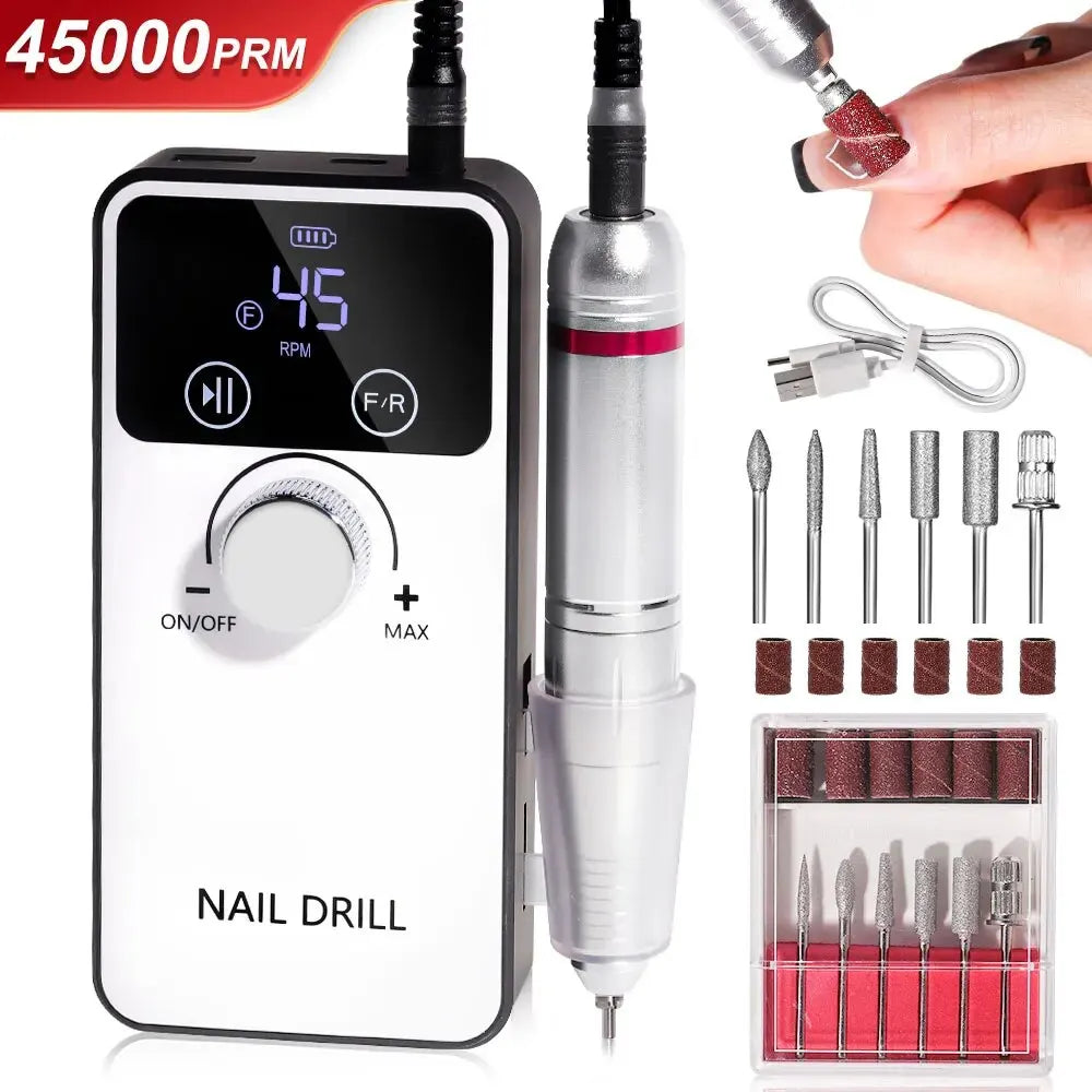 45000rpm Electric Nail Drill Machine Rechargeable Milling Cutter Professional Portable Nail Sander for Manicure Gel Remover Tool