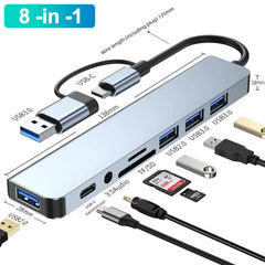 8 Port USB Hub Type C 2 in 1  Multiport Adapter Splitter USB 3.0 2.0 for MacBook Air Dell Lenovo Aluminium Docking Station