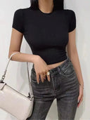 Women's Casual Short Sleeve Crop Top Slim Fit Tee for Workout