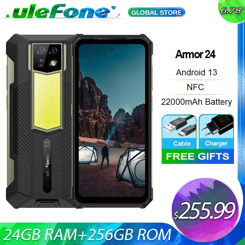 Ulefone Armor 24 Smartphone with 22000mAh Battery, 24GB RAM, 256GB Storage, 64MP Night Vision Camera, and 120Hz Display