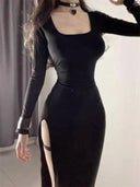 Elegant Black Bodycon Dress Chic Square Collar Side Slit