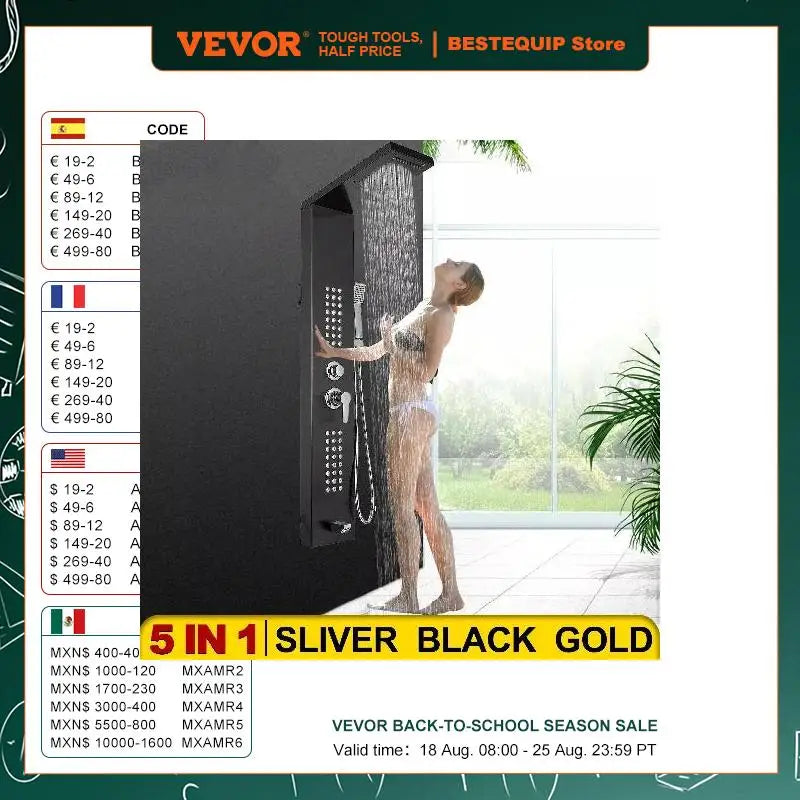 VEVOR  LED Light Shower Panel System Waterfall Rain Shower Faucet SPA Massage Jets Tub Shower With Bidet Bath Taps For Bathroom