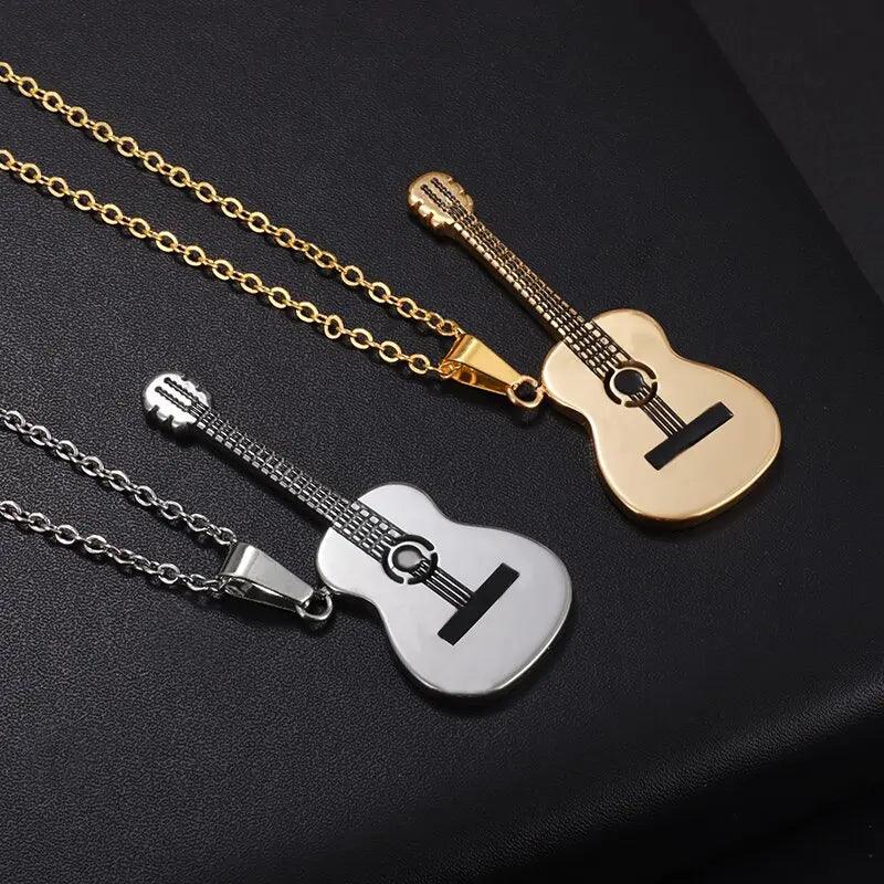 Stainless Steel Music Guitar Pendant Necklace Musician Men Ladies Punk Hip Hop Rock Musical Instruments Jewelry Accessories