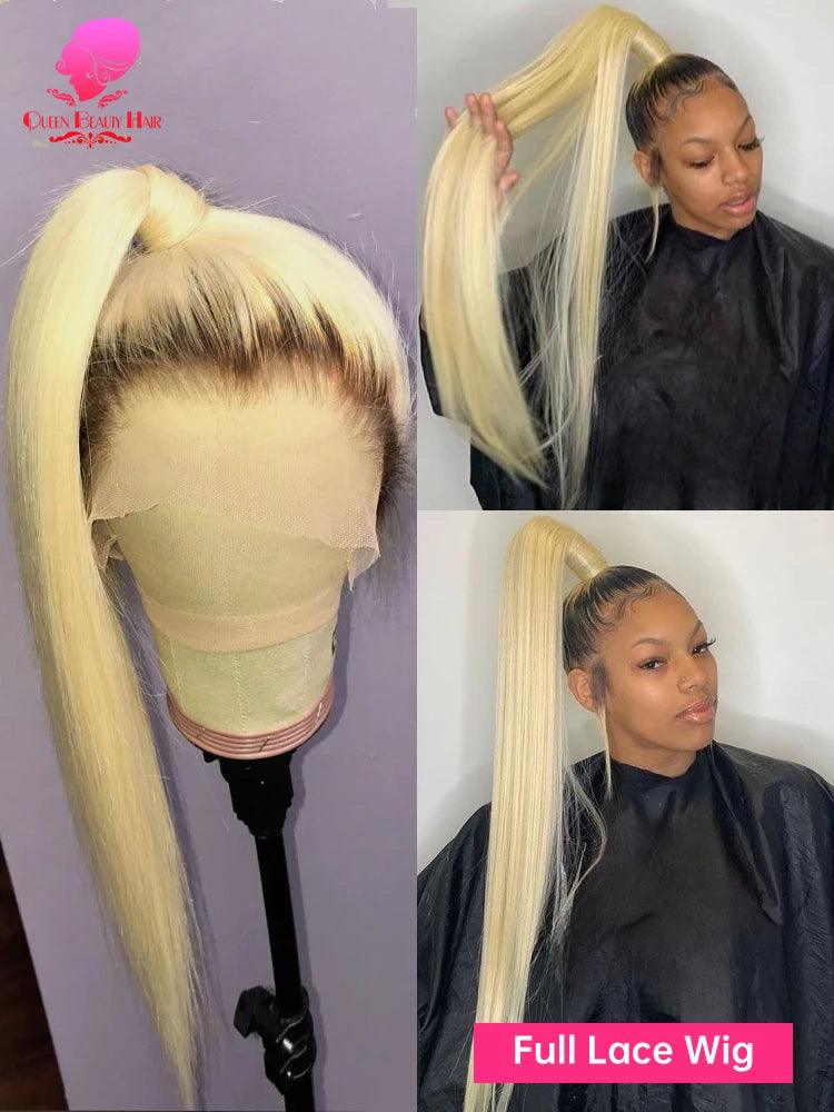 Queen Beauty Hair Ombre Blonde Lace Front Wig with Dark Roots - Premium Remy Brazilian Hair Wig  ourlum.com   