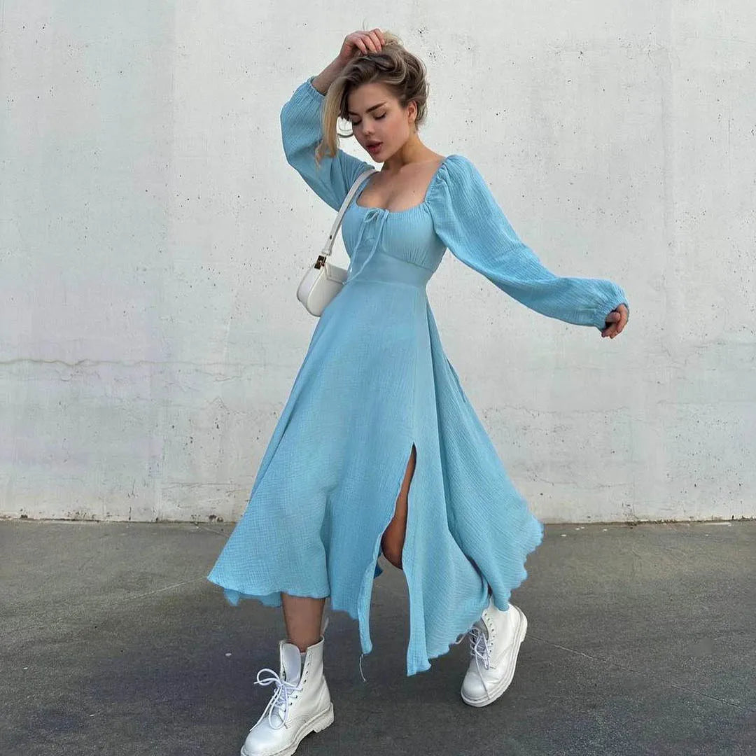 Lace-up Square Collar Sexy Midi Dress: Autumn Femme Fashion Statement  ourlum.com Sky blue M 