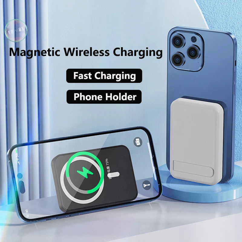 15W Magnetic Wireless Power Bank with 10000mAh Capacity for iPhone 15, Samsung, Huawei, Xiaomi - Mini Portable Charger with Foldable Stand