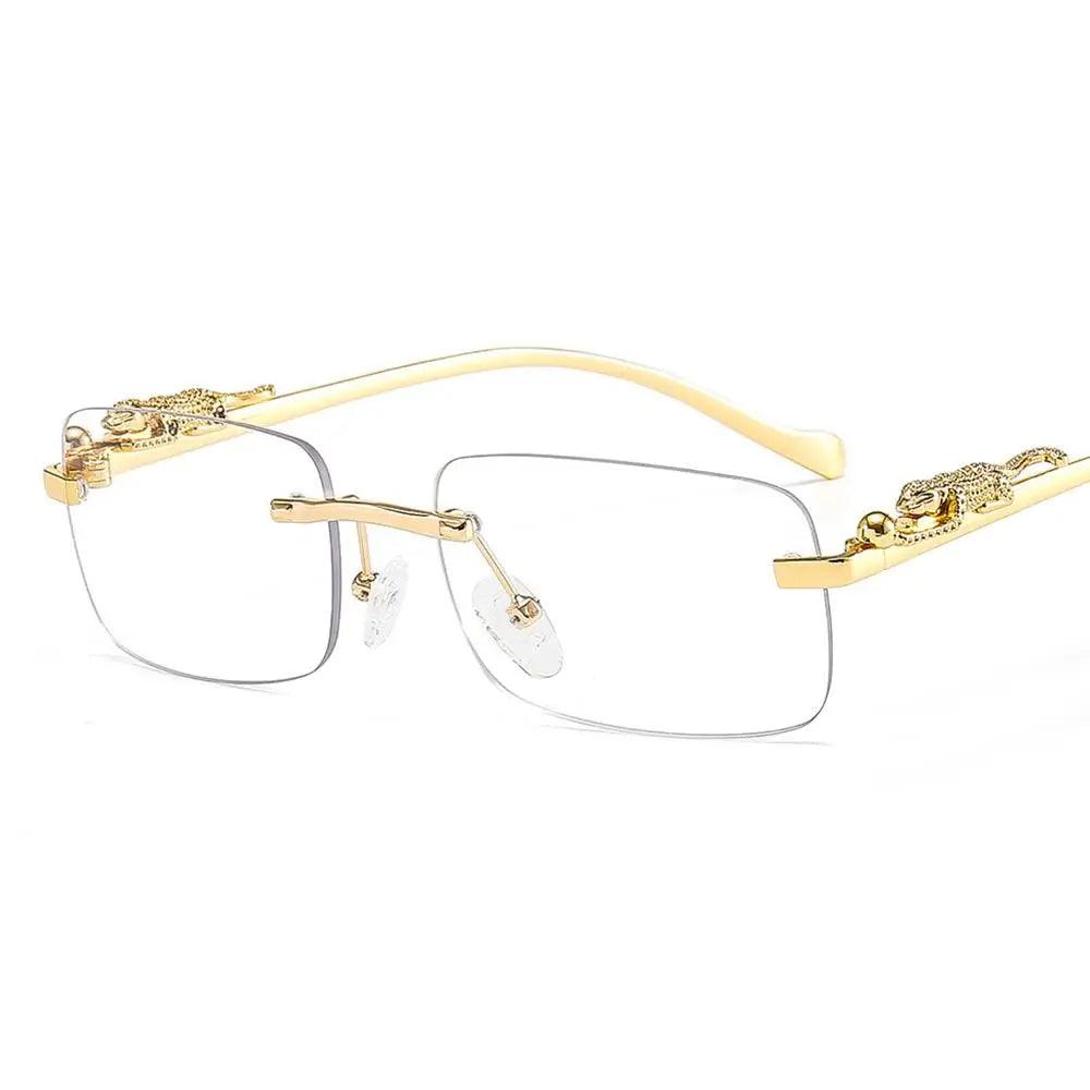 Trendy Rimless Square Sunglasses for Men and Women - Golden Leopard Frame with UV400 Protection