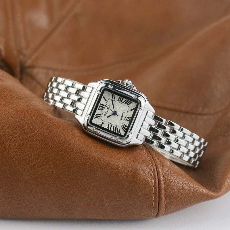 Luxury Silver Quartz Women's Watch: Elegant Square Wristwatch  ourlum.com silver no diamond  