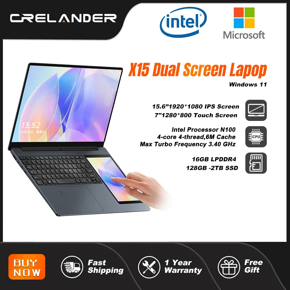 CRELANDER X15 Dual Screen Laptop 15.6" IPS+7" Touch Screen 16G DDR4 2TB SSD Intel N100 Processor Windows11 Notebook Computer  ourlum.com   