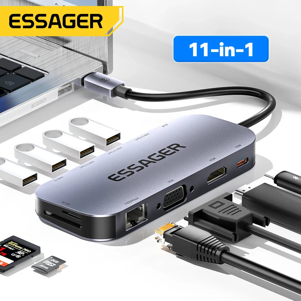 Essager 11 in 1 USB C HUB 4K 30HZ Type C Docking Station For Macbook Air Pro Adapter Splitter For Laptops HDMI-Compatible RJ45  ourlum.com   