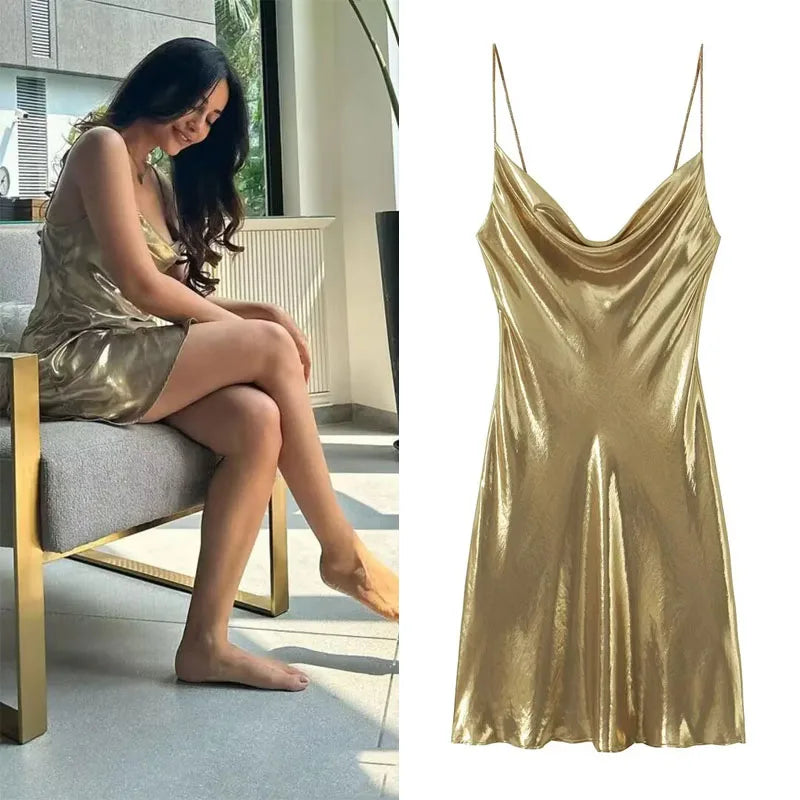 Glamorous Gold and Silver Backless Slip Dress - Stylish Short Party Dress for Women 2023  OurLum.com   