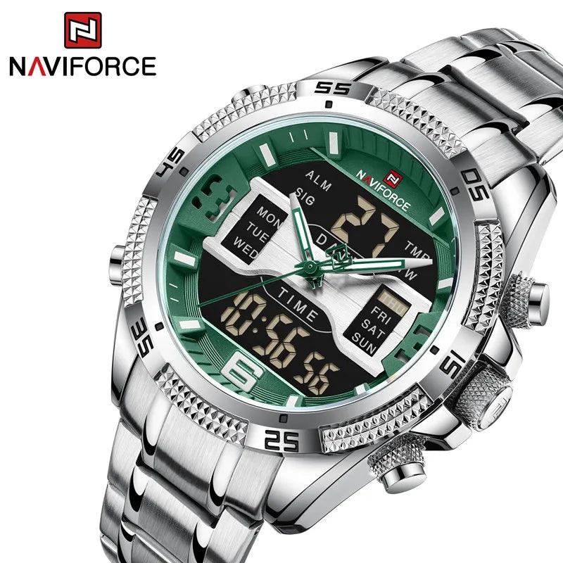 NAVIFORCE Men's Stainless Steel Digital Quartz Sport Watch with LCD Display - Waterproof Multifunction Wristwatch  OurLum.com   