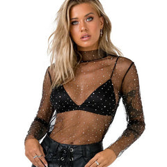 Boho Crystal Rhinestone Sequins Turtleneck Blouse: Sparkling Mesh Cover-ups