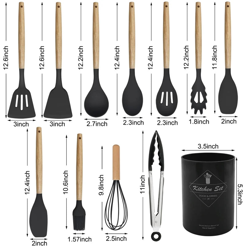 12-Piece Heat-Resistant Silicone Kitchen Utensils Set with Solid Wood Handles - Non-Stick Cooking Tools