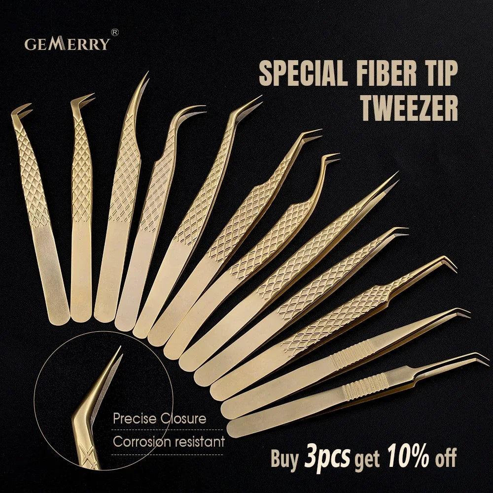 Golden Precision Fiber Tip Eyelash Tweezers: Professional Grade Beauty Tool