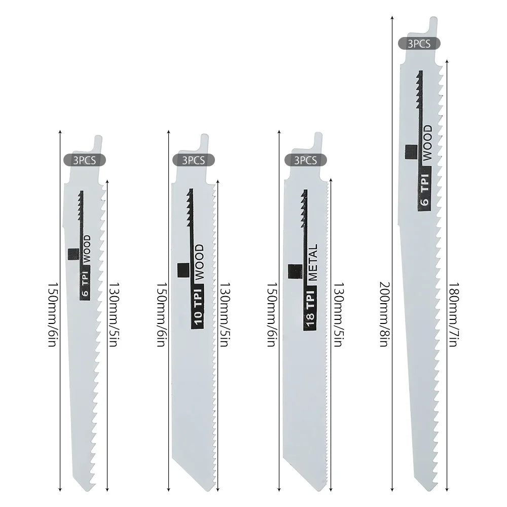 12-Pack Reciprocating Saw Blades for Wood & Metal - High Carbon Steel, DIY Essential