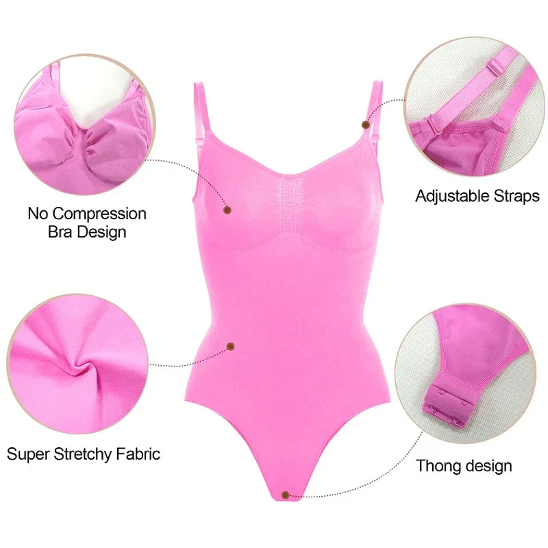 Slimming Thong Bodysuit for Women - Tummy Control Full Body Shaper in Black & Pink