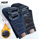 HIQOR Winter Fleece Thick Jeans Men Business Casual Pants