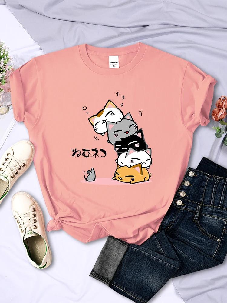 Sleeping Cats Stack with Hidden Mouse Print Women's T-Shirt Soft Comfort Tee Trendy Fashion Clothes  ourlum.com   