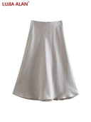 Solid Satin A-Line Midi Skirt Stylish Summer Fashion Statement