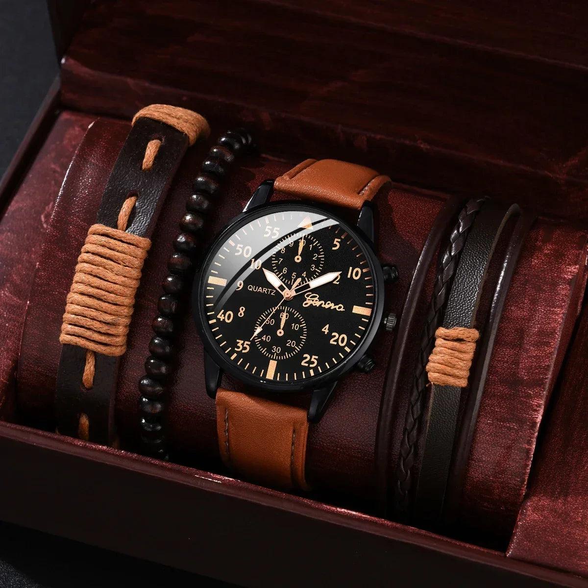 Luxury Brown Leather Men's Sports Watch Set with Quartz Wristwatch and Bracelet  ourlum.com   