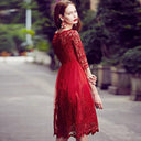 Red Lace Off-Shoulder Dress Chic Midi with Hollow Embroidery