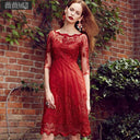 Red Lace Off-Shoulder Dress Chic Midi with Hollow Embroidery