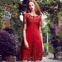 Red Lace Off-Shoulder Dress Chic Midi with Hollow Embroidery