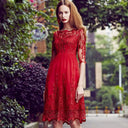 Red Lace Off-Shoulder Dress Chic Midi with Hollow Embroidery