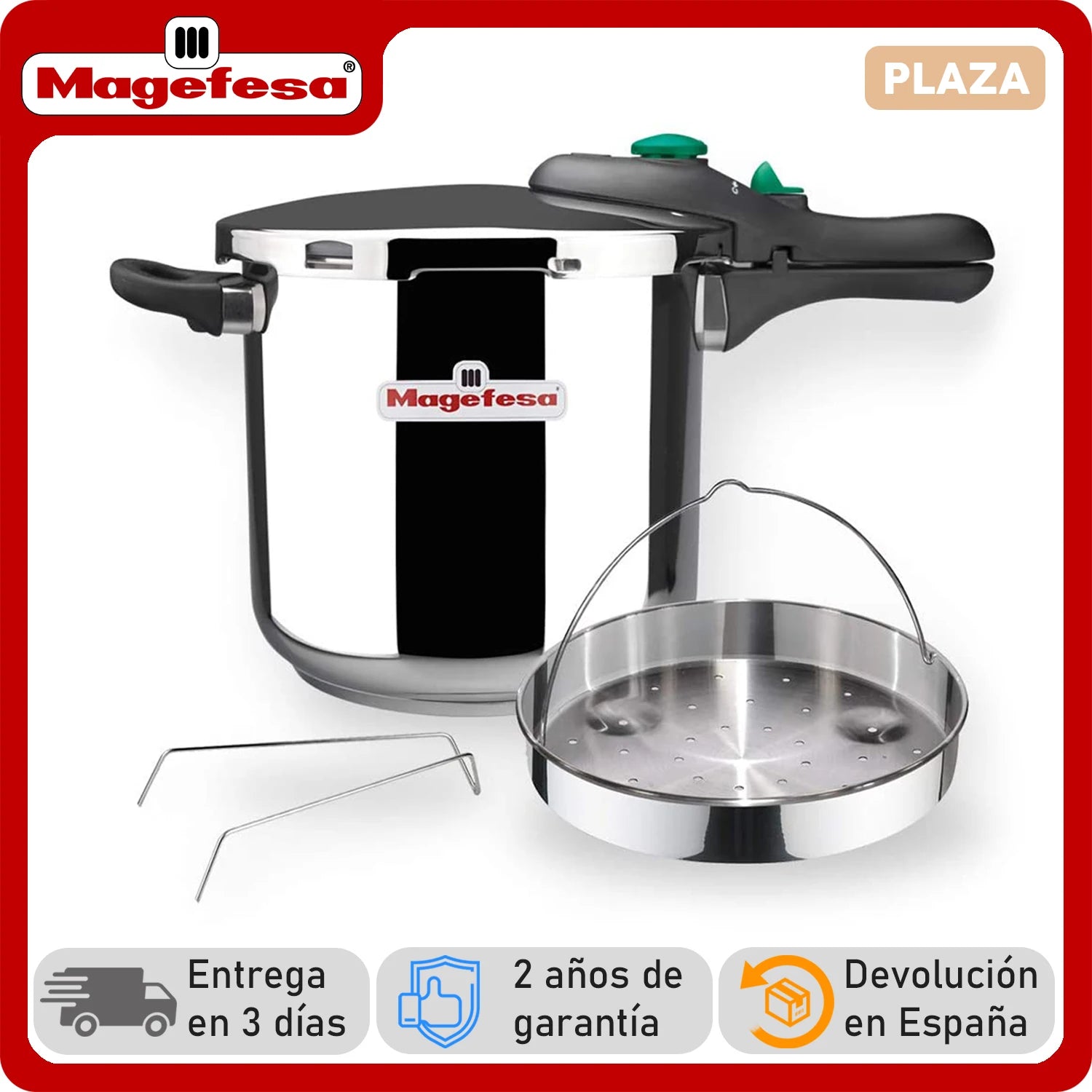 MAGEFESA® Dynamic Fast Pressure Cooker with Basket - 18/10 Stainless Steel, Induction Compatible, 5 Safety Systems, Easy to Use