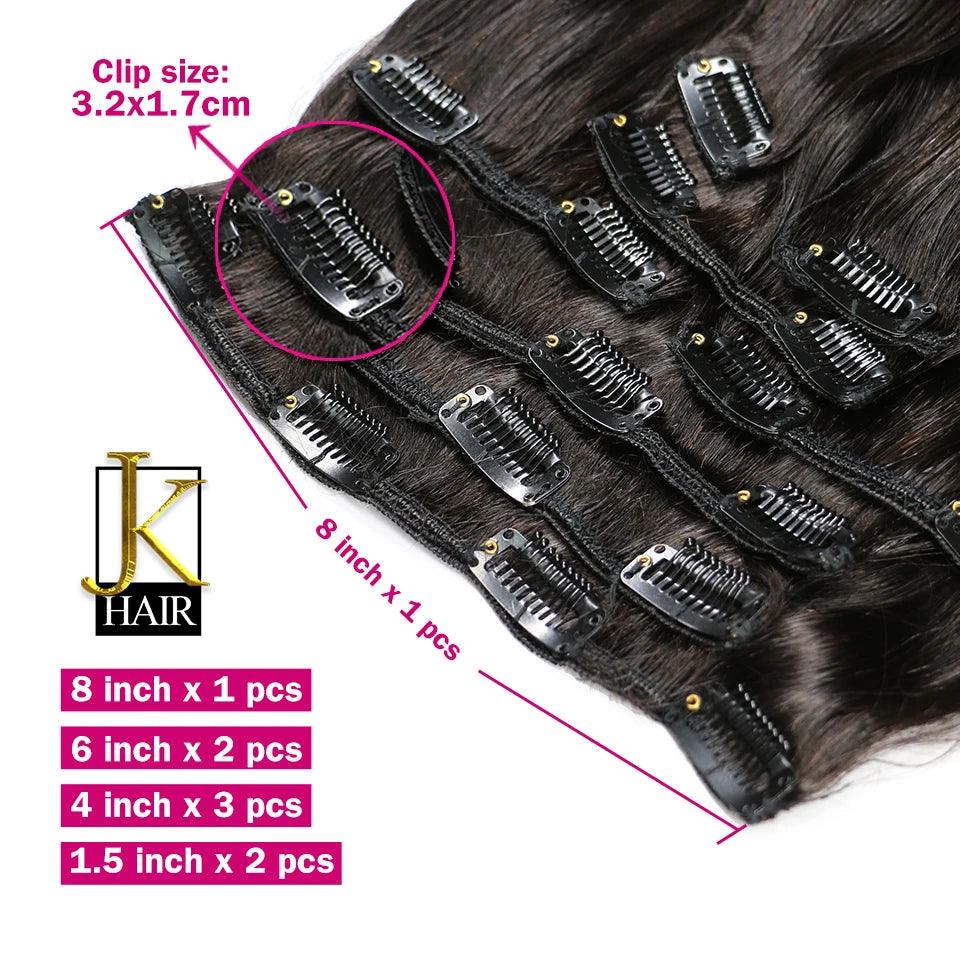 JK Brazilian Straight Human Hair Clip In Extensions Set - Jet Black, Dark Brown, Light Brown, Honey Blonde - 8 Pieces, 120g - Full Head Coverage  ourlum.com   