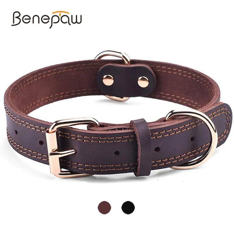 Benepaw Genuine Leather Dog Collar with Vintage Style and Double D-Ring for Medium to Large Dogs  ourlum.com   