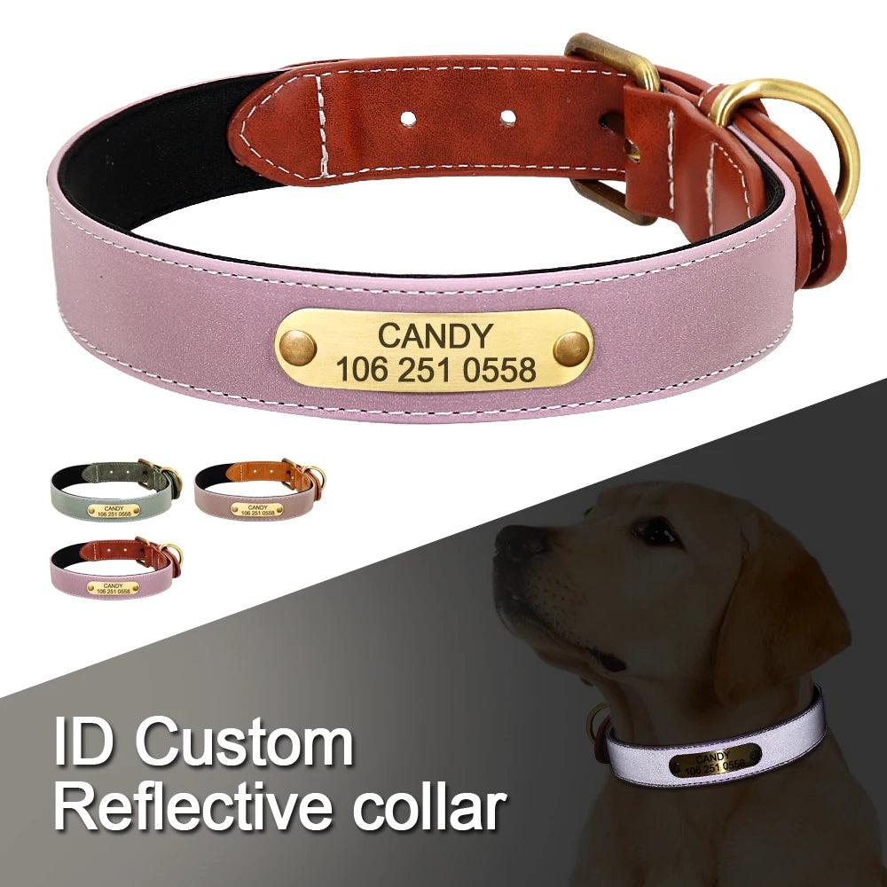 Personalized Leather Dog Collar with Reflective Nameplate - Adjustable for Small, Medium, Large Breeds  ourlum.com   