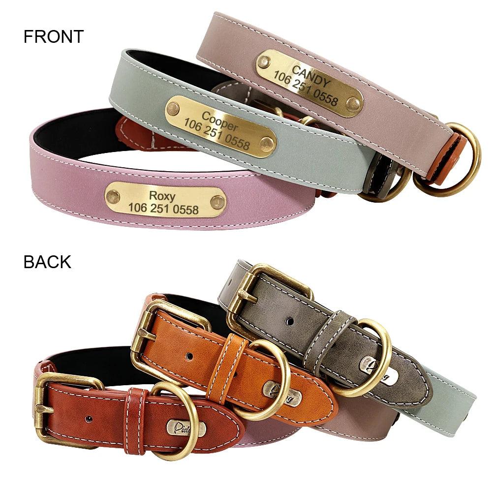 Personalized Leather Dog Collar with Reflective Nameplate - Adjustable for Small, Medium, Large Breeds  ourlum.com   