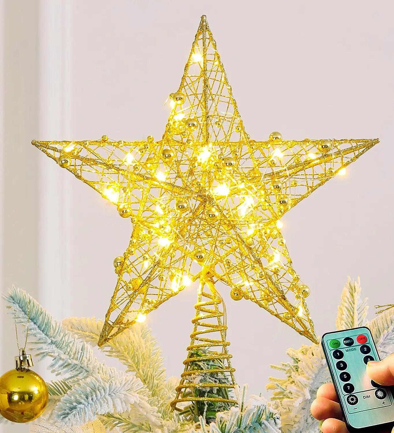 LED Lighted Iron Glitter Star Christmas Tree Topper - Sparkling Holiday Decoration  ourlum.com   