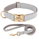 Customizable PU Leather Dog Collar and Leash Set with ID Name Engraving for Small, Medium, Large Dogs  ourlum.com gray set S 