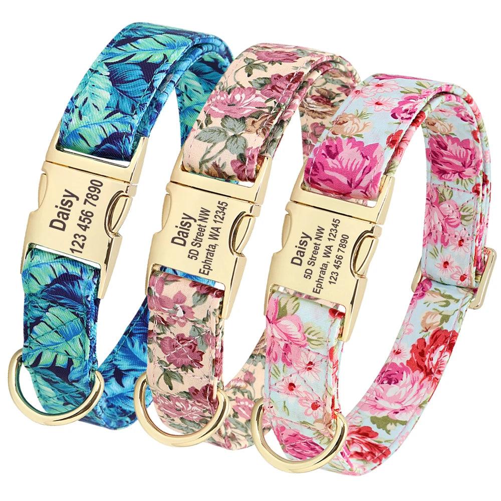 Floral Dog Collar and Leash Set with Personalized Engraving for Small Medium Large Dogs  ourlum.com   