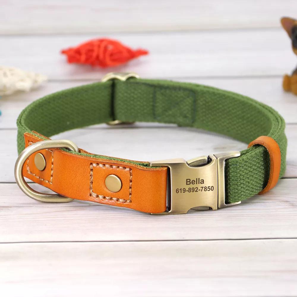 Custom Engraved Personalized Leather Dog Collar with Nylon Base - Adjustable ID Collar for Small Medium Large Dogs  ourlum.com green S 