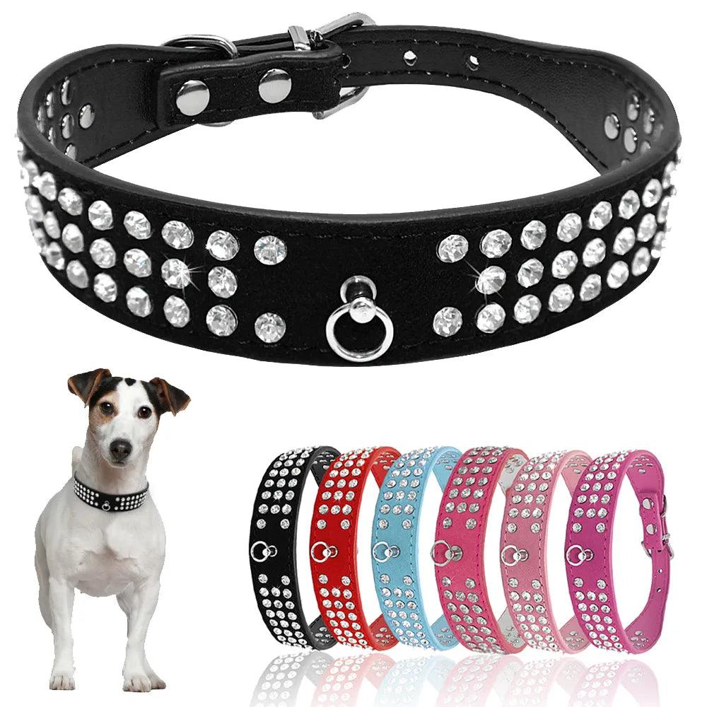 Luxurious Rhinestone Dog Collar with Clear Crystals - Premium Suede Leather - 5 Colors - Small Medium Dogs  ourlum.com   