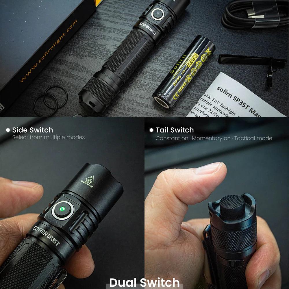 Sofirn SP35T 3800lm Tactical 21700 Flashlight USB C Rechargeable Torch with Power Indicator ATR and Dual Switch  ourlum.com   