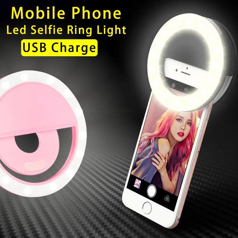 Portable USB Rechargeable Selfie Ring Light for iPhone Samsung Xiaomi Huawei OPPO - Clip-On LED Selfie Lamp with Adjustable Brightness  ourlum.com   